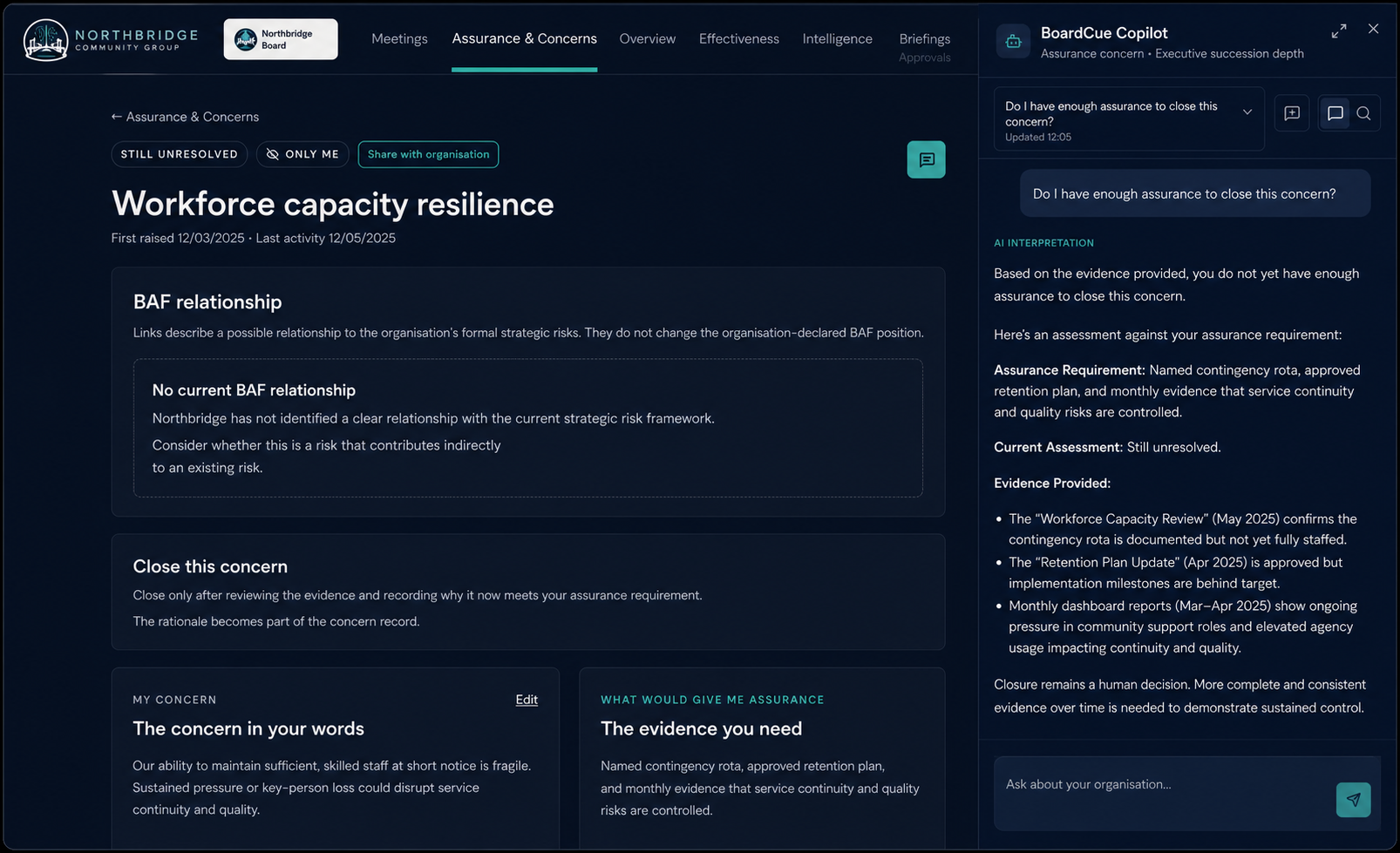 BoardCue Copilot testing fictional workforce-capacity evidence against an assurance requirement while the user retains the closure decision