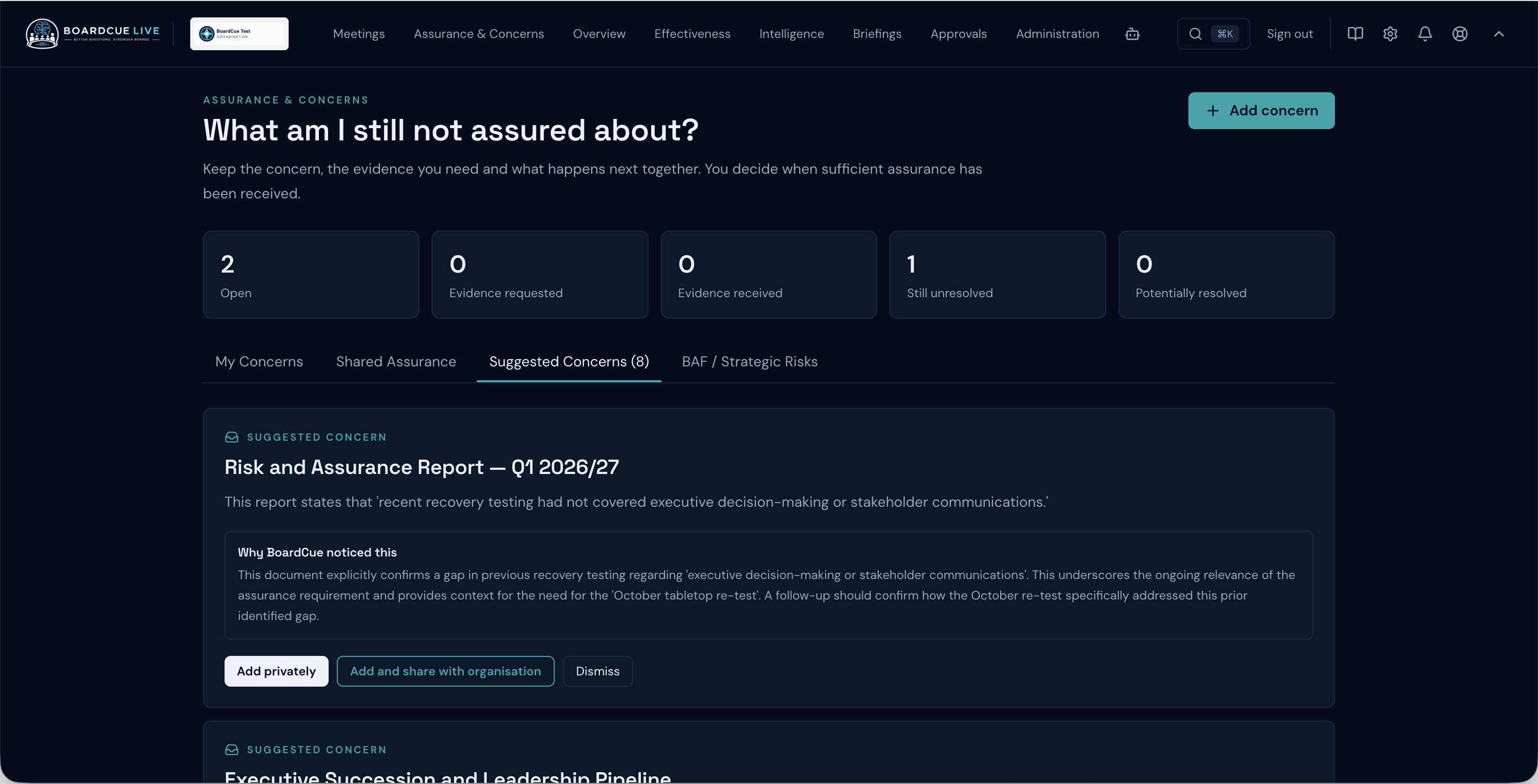 BoardCue Suggested Concerns view, with evidence-backed reasons for a potential concern