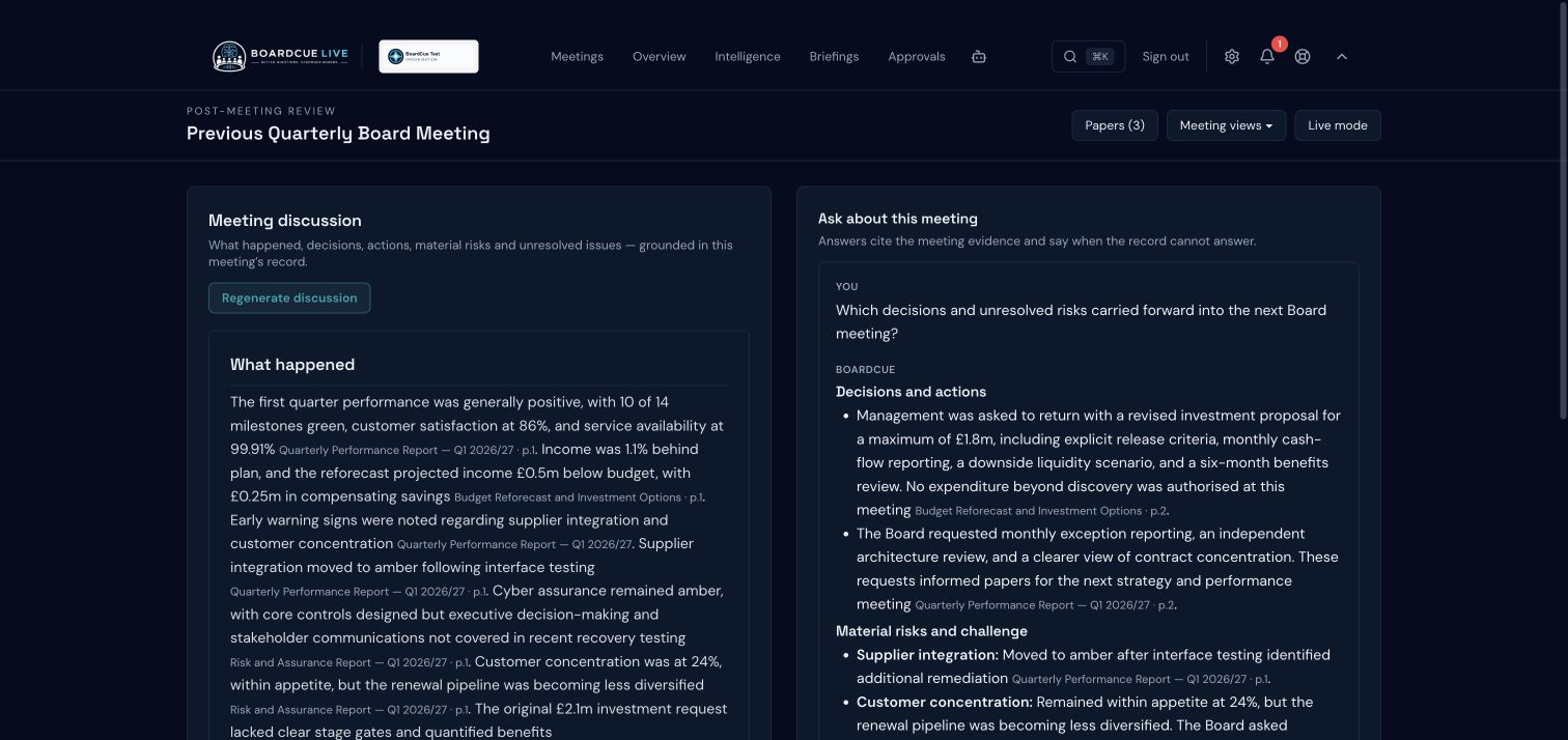 BoardCue Live a previous meeting summary and a cited answer showing what carried forward into the next board cycle.