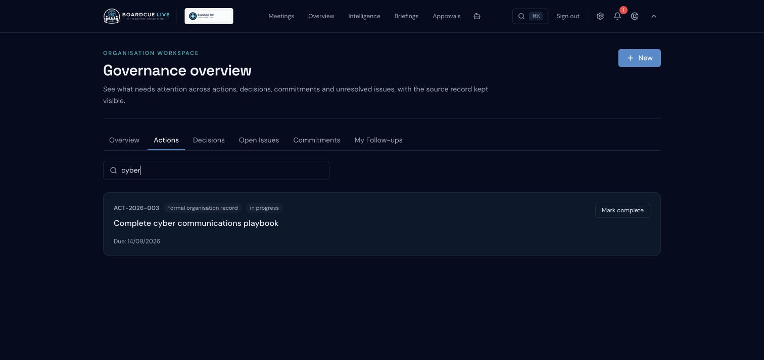 BoardCue Live an action retained with ownership, status and meeting context.