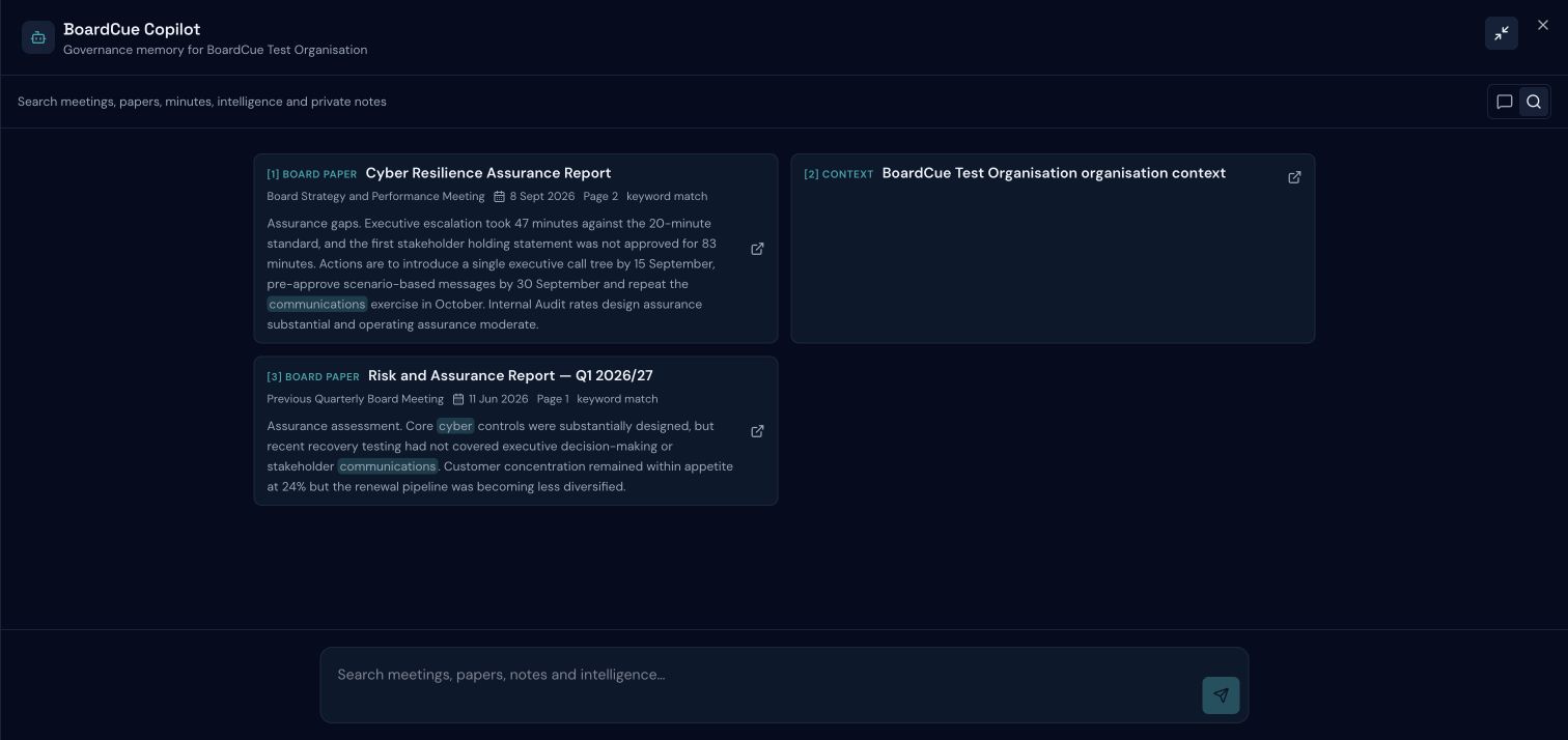 BoardCue Live find relevant passages across current and previous board papers and follow each result to its source.