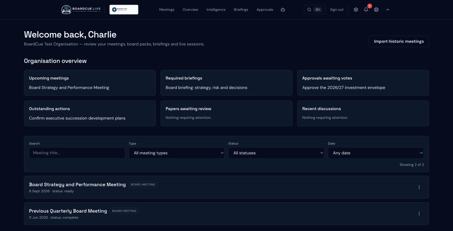 BoardCue Live upcoming meetings, briefings, approvals, actions and completed meeting history in one populated workspace.