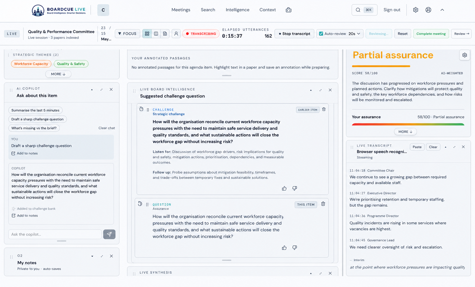BoardCue Live a specific board question with what to listen for, how to follow up and a route back to source context.